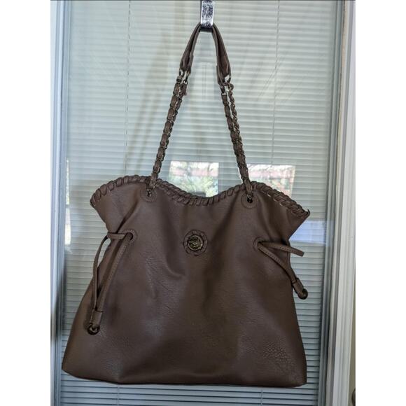 Dark Brown Pebbled Faux Leather Marion Slouchy Tote Gold Chain Bag Brass Horse - Picture 1 of 12